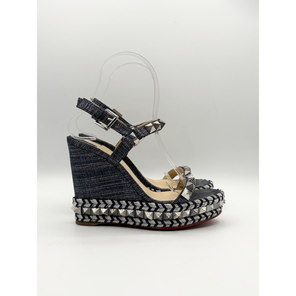 Christian Louboutin Pyraclou 110 Denim Espadrille Wedges Silver Studs EU 36